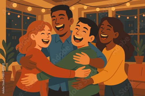 Vector illustration reunion greeting captured through group gathering tones simple joyful bright