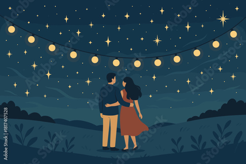 Starry couple standing vector bliss mood lights gentle open illustration celebration above