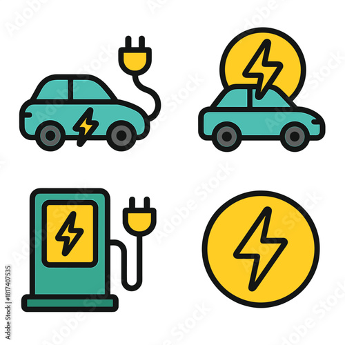 Electric vehicles and charging icons: energy and sustainability symbols