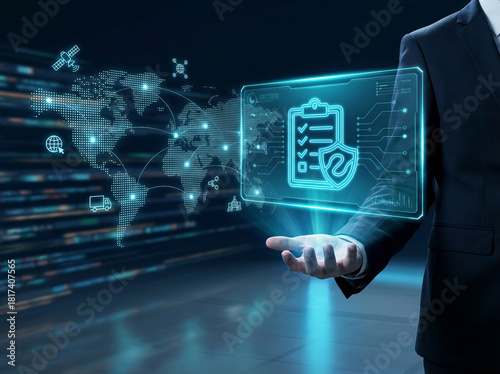 Global compliance and regulation standards for secure international business, trade, and logistics with virtual checklist