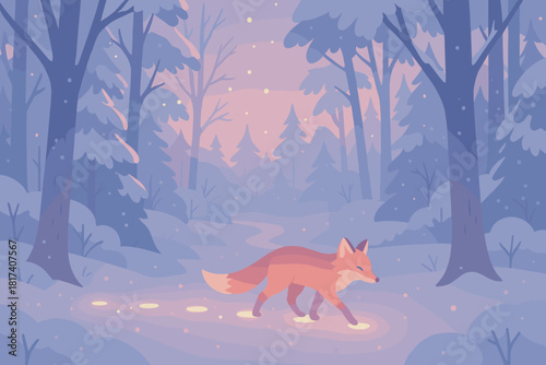 Forest glowing tones magical footprints illustration evoking winter wonder vector behind wonderland