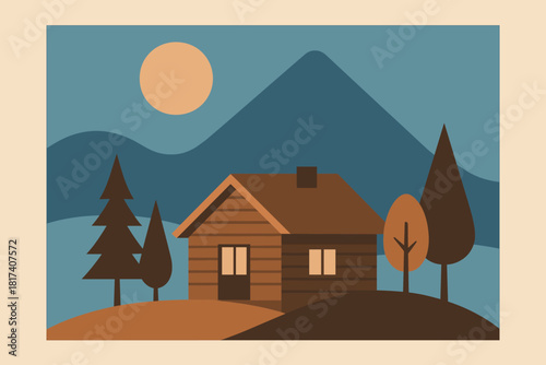 Geometric harmony cabin abstraction tones vector peace getaway brown illustration serene mountain