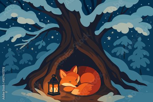 Illustration stars visible tiny winter fox lantern peaceful enchanting branches composition glowing