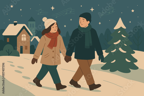 Soft vector winter illustration under imagined christmas tranquil starlit through faint walk