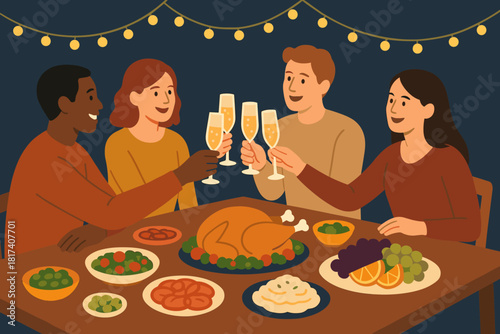 Year joyful food unity vector balanced glowing captured new illustration table colorful