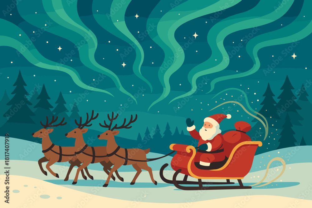 Fototapeta premium Santa peaceful sleigh harmony field magical mix movement forest s snowy illustration