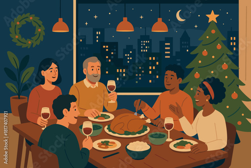 Vector illustration glowing festive window apartment enjoying night dinner atmosphere city people