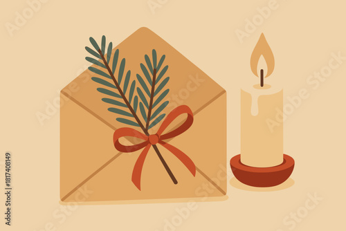 Festive twig ribbon vector life warm still wishes simple pine illustration elegant