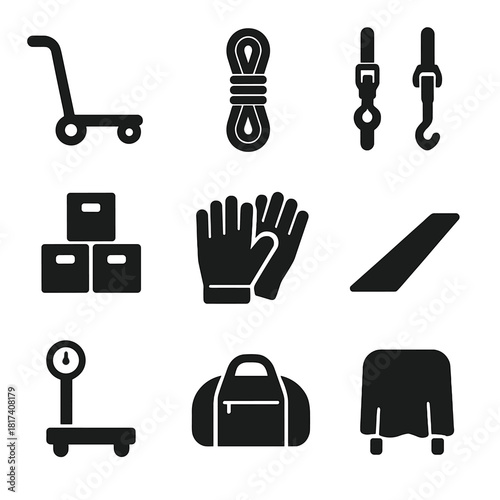 Warehouse equipment icons: tools, safety, and storage essentials illustrated