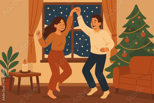 Illustration atmosphere joy outside dancing couple winter dance young cozy joyful vector