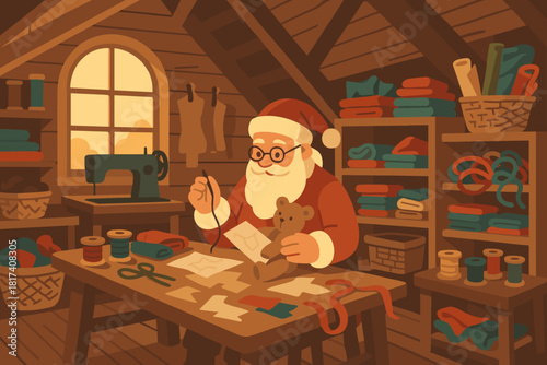 Craft cozy vector santa attic filled light fabric illustration ribbons workshop detail