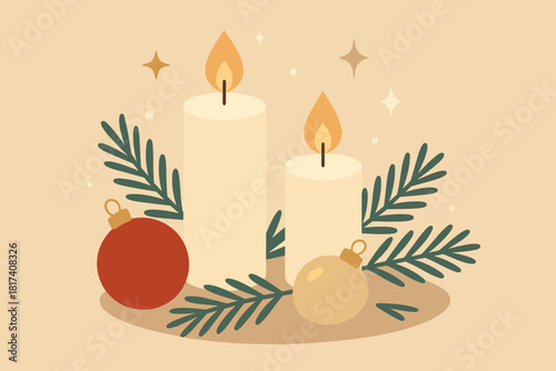 Elegant holiday candles illustration ornaments glowing sparkles vector still branches life modern