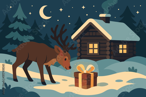 Connecting whimsical snow gift atmosphere reindeer illustration festivity discovering discovery cabin vector