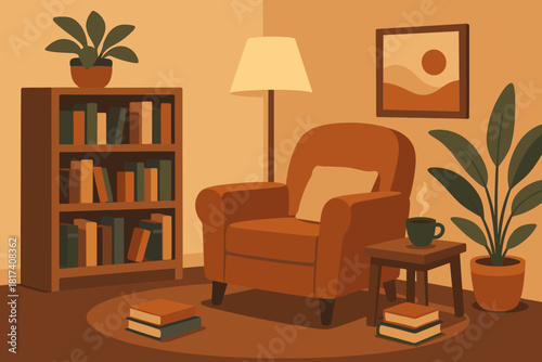 Corner lamp harmony rest steaming stacked books vector nook cozy illustration reading