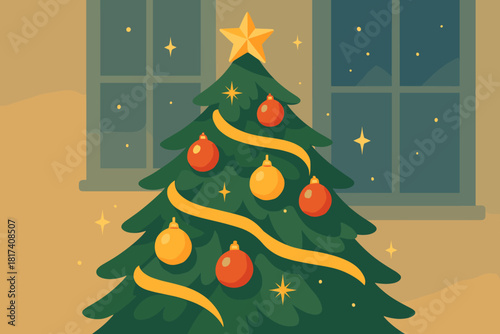 Festive illustration calm tree vector joy soft ornaments decorated baubles atmosphere glowing