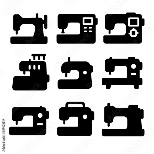 Set of nine black sewing machine icons on gradient background