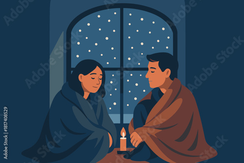 Wrapped window illuminating shared vector stillness sitting winter people reflection illustration serenity