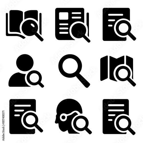 Magnifying glass icons: search and analysis symbols on dark background