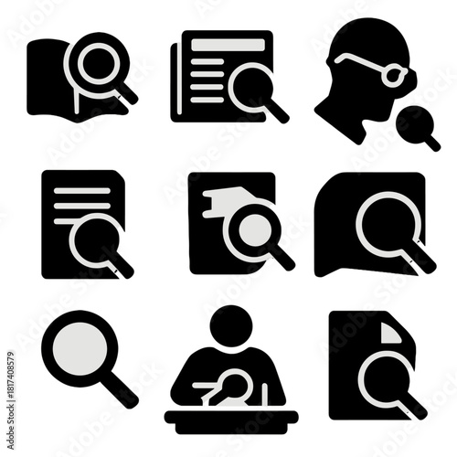 Magnifying glass icons for search and analysis on documents and profiles