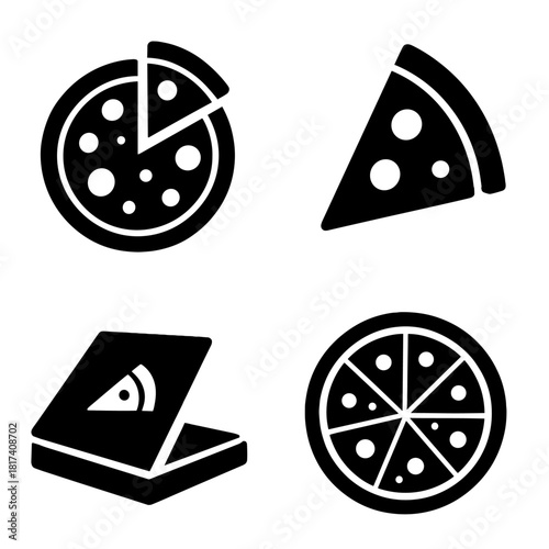Black and white pizza icons on gradient background for graphic design