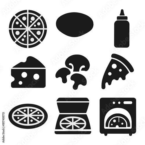 Assorted pizza ingredients and tools in modern icon style