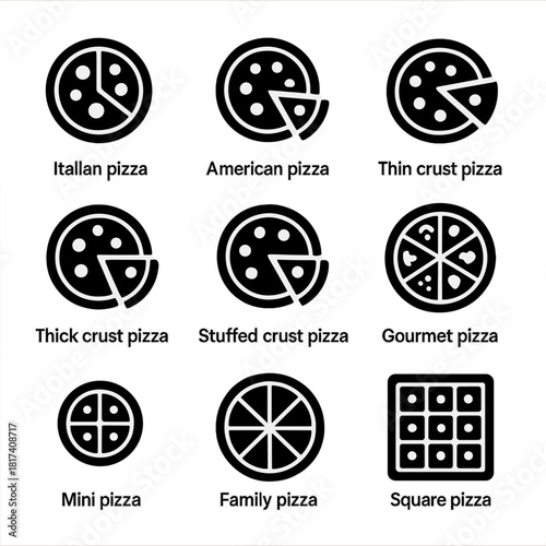 Variety of pizza icons: italian, american, thin crust, thick crust, gourmet, more