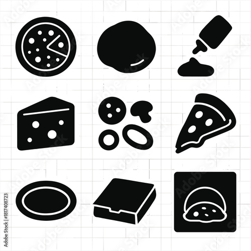 Vector icons: pizza slice, cheese, dough, sauce, toppings, and box designs