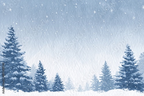 winter snow background with silhouettes of christmas trees and stars on the edges, blue watercolor texture Generative AI