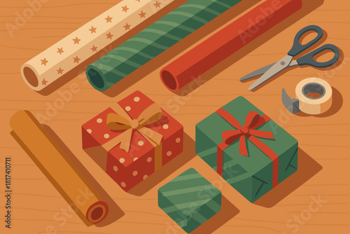 Vector workshop gift rolls preparation table shadows cozy paper creating wrapping illustration