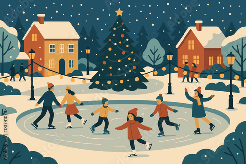 Skating village illustration small gently ice square celebration people vector under reflections