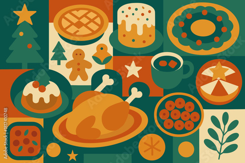 Holiday contrasts geometric dishes conveyed warm vector arrangement feast illustration cool energy