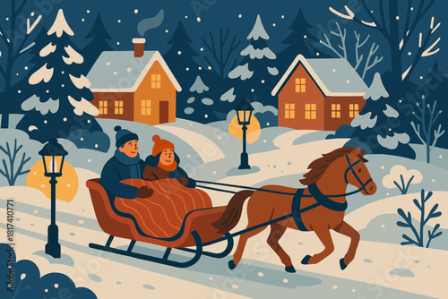 Ride sleigh people lanterns path vector warm through festive bundled village illustration