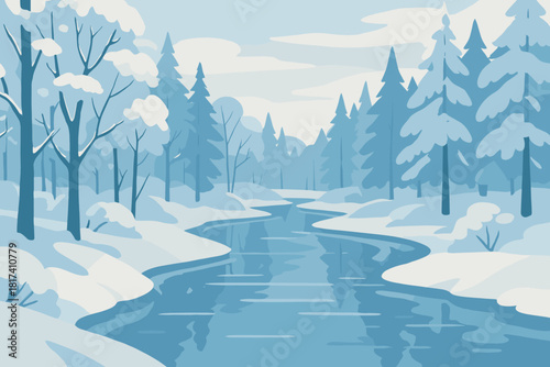 Sky minimal serenity shimmering icy river tranquil illustration scene water frosty vector