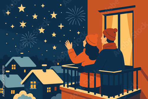 Celebration illustration below glowing balcony night winter sky stars vector yet distant