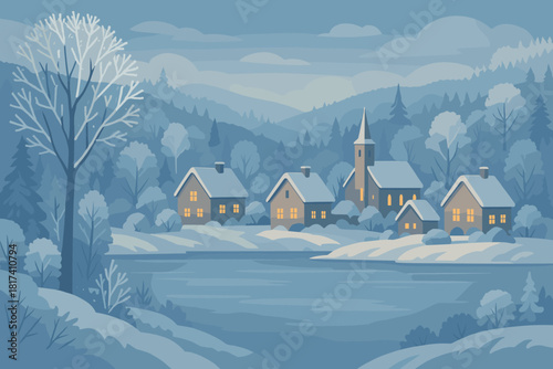 Illustration village peaceful surrounding warm frozen edge lake frosty scene vector seasonal