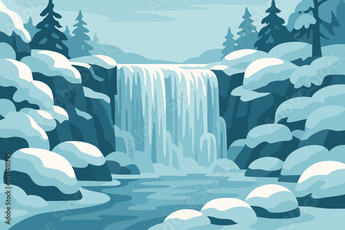 Rocks illustration waterfall serenity icy surrounding trees reflecting creating frozen vector winter