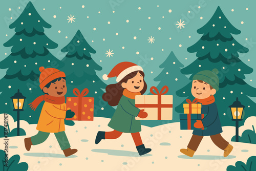 Gift children pine joyful vector bearers around trees gently snowflakes presents garden