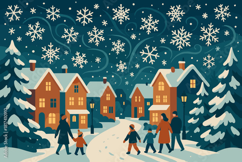 Snowy evening dusted village families illustration snow pine vector winter snowflakes