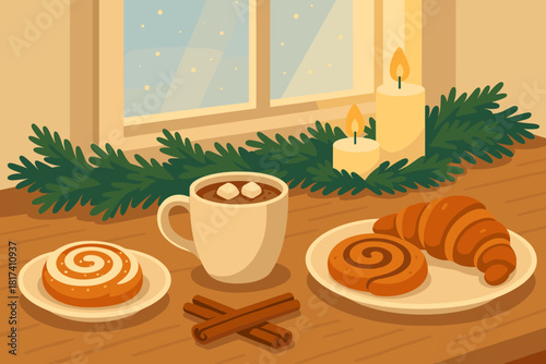 Sticks breakfast table candles scene illustration cocoa pine garlands winter cinnamon vector