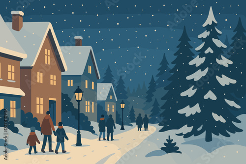 Winter walking lining village pine serenity illustration rooftops lanterns glowing vector