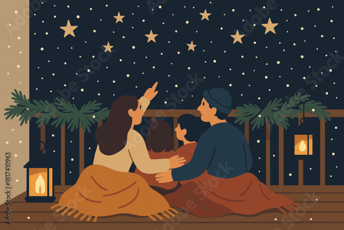Scene vector winter illustration stars pine lanterns intimate balcony watching cozy stargazing