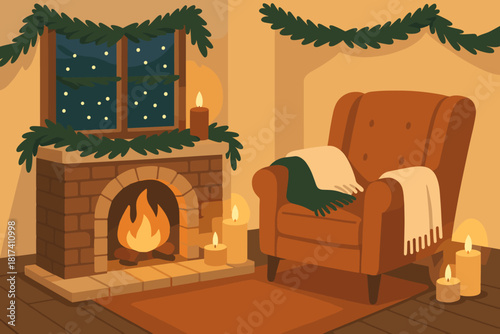 Winter illustration inviting armchair retreat window outside warm candles cozy vector glowing