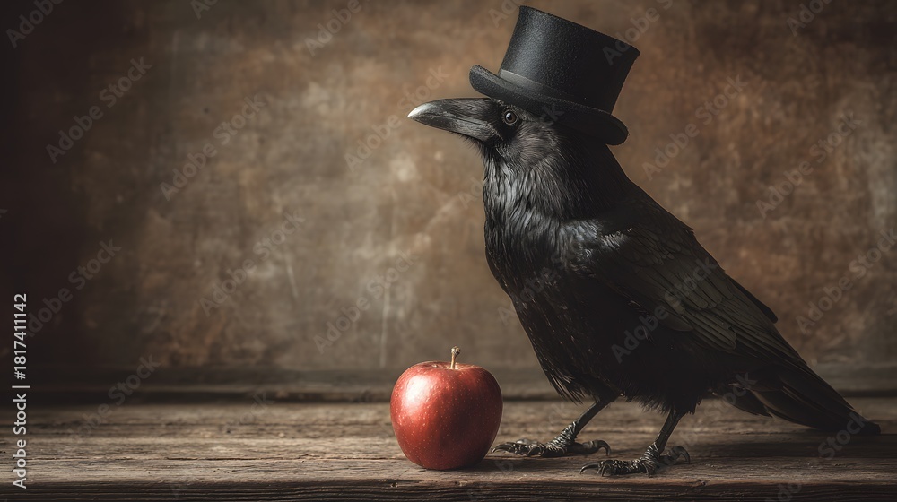 Obraz premium Elegant Raven in Top Hat with Red Apple on Rustic Wooden Surface.