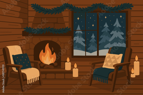 Pillows chairs cabin illustration candles retreat peaceful starry winter blankets evening vector
