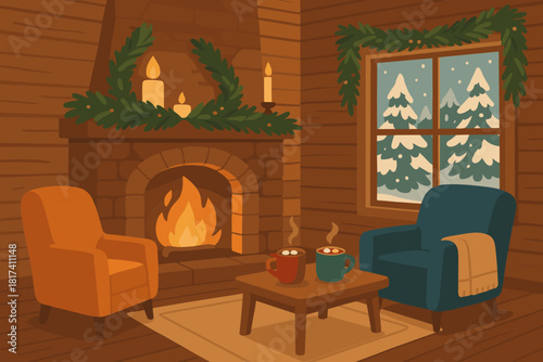 Through cabin illustration vector window cozy pine serenity armchairs garlands forest mugs