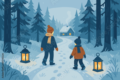 Walk softly children vector forest pine illustration footprints glowing snow path frosty