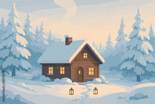 Winter frosted frosty rising clearing calm cabin illustration pine vector smoke trees