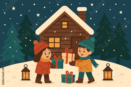 Illustration gifts front s falling winter vector gift children sky holiday softly