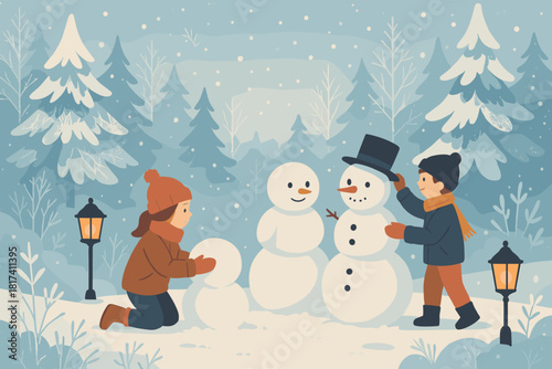 Children trees snowmen glowing vector forest scene building snowflakes around illustration