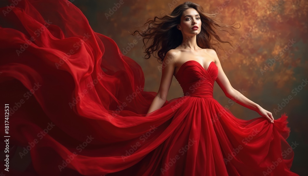 Fototapeta premium Elegant woman in flowing red dress poses gracefully. Her luxurious gown swirls dynamically, creating a dramatic effect. Long brown hair drifts in the wind, highlighting her poise and beauty.